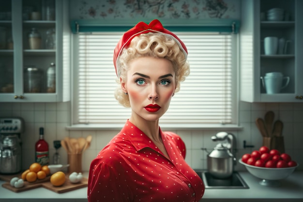 Fashion beautiful housewife at the kitchen Retro 50s pin up style