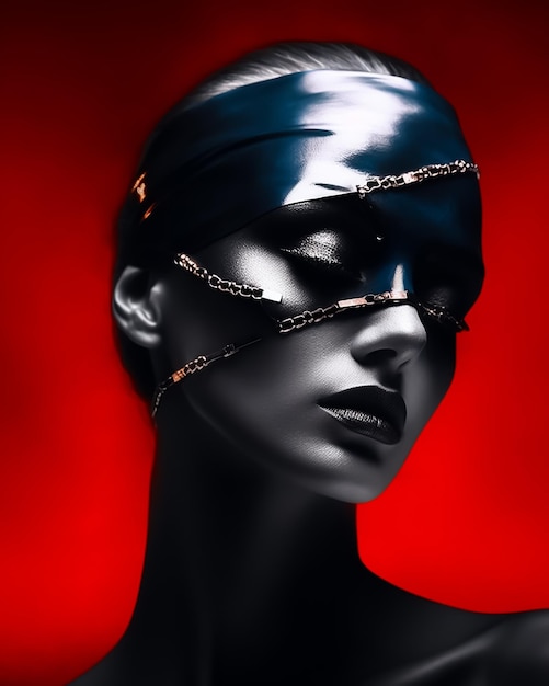 A fashion blindfolded woman wearing a black leather mask like a hero with dark red background