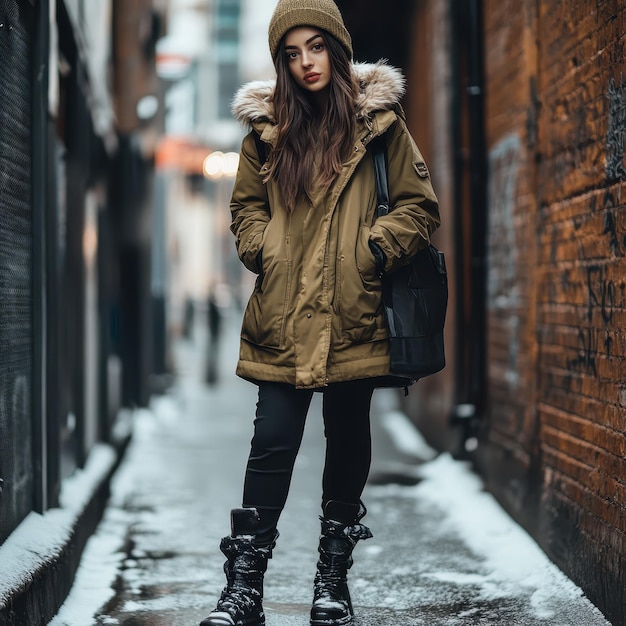 Photo fashion blogger showcasing stylish winter streetwear