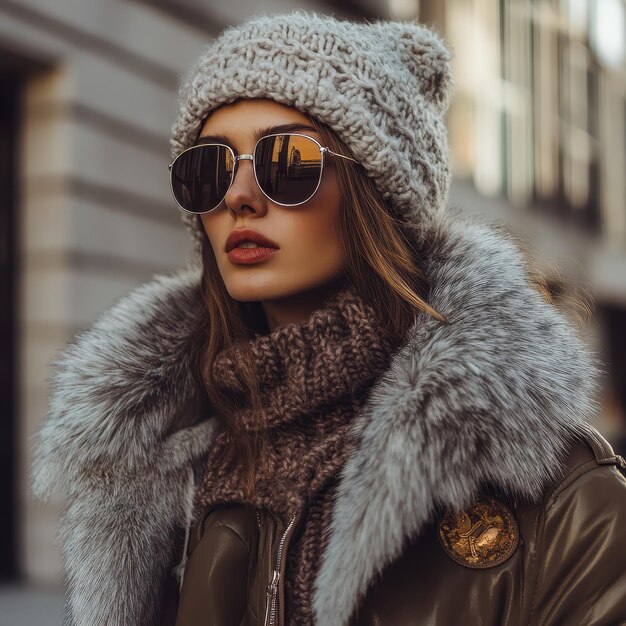 Photo fashion blogger showcasing stylish winter streetwear