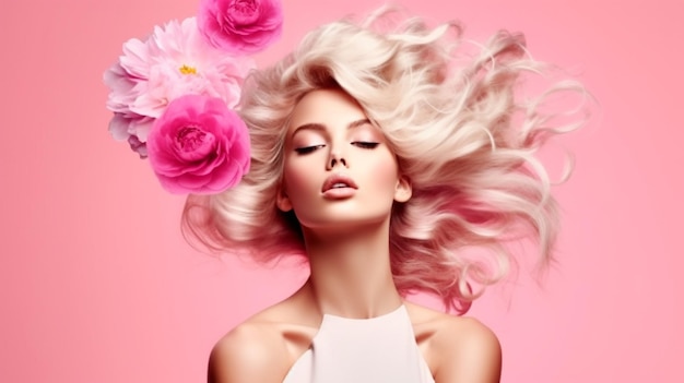 fashion blond girl in fashion pose young beauty isolated on luxury pink background generative AI