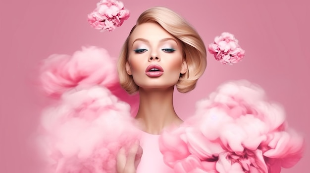 fashion blond girl in fashion pose young beauty isolated on luxury pink background generative AI