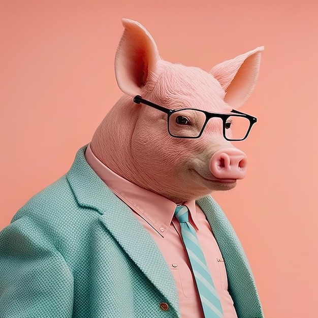 Fashion boar pig in suit Pink monochrome portrait Generative AI