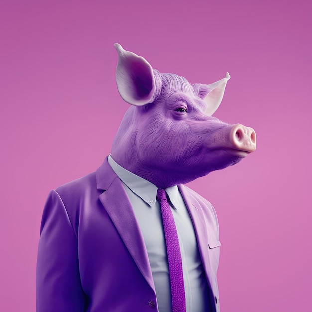 Fashion boar pig in suit Purple monochrome portrait Generative AI