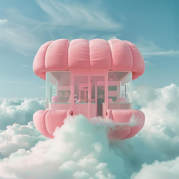 Fashion brand popup shop pink inflatable house floating in the sky Millennium wind y2k Macaron