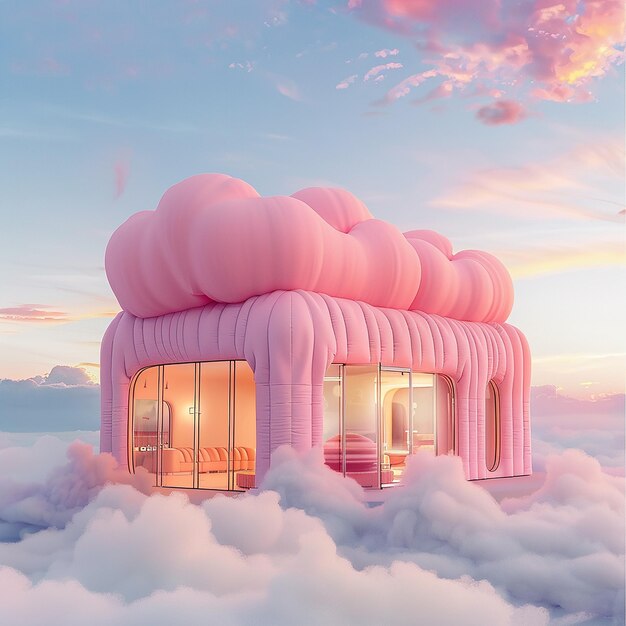 Fashion brand popup shop pink inflatable house floating in the sky Millennium wind y2k Macaron