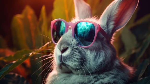 Fashion bunny wearing sunglasses on tropical background Elegant style background Rabbit costume Trendy style Happy easter