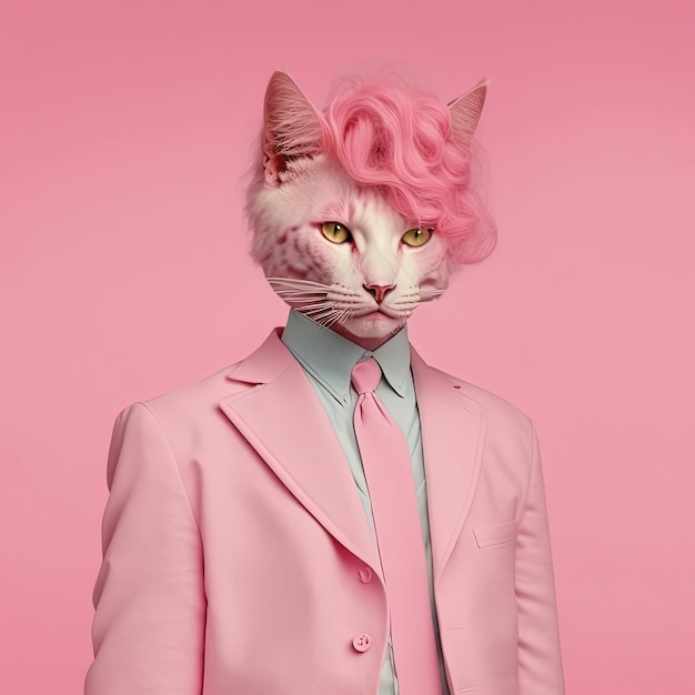 Fashion cat with pink haircut in shirt Pink monochrome portrait AI