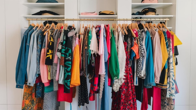 Fashion clothes on a clothing rack showcasing a colorful closet