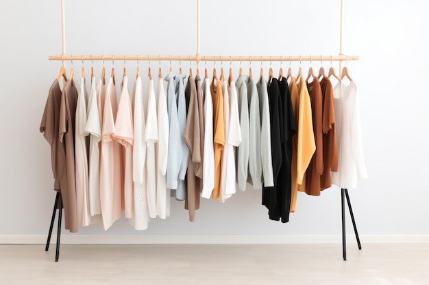 Fashion clothes on a rack in a light background indoors AI generated