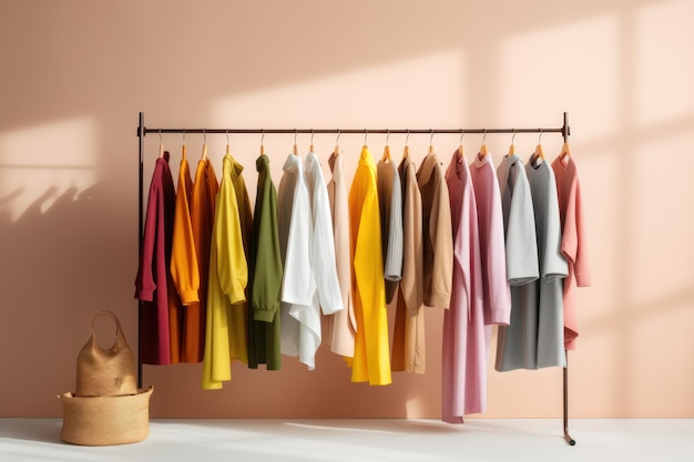 Fashion clothes on a rack in a light background indoors AI generated