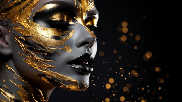 Photo fashion concept elegant woman with black face paint and gold foil accents artistic portrait