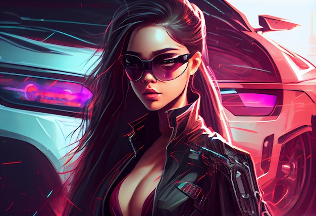 Fashion cyberpunk girl drive a supercar asian woman with future digital glasses realistic Generate Ai