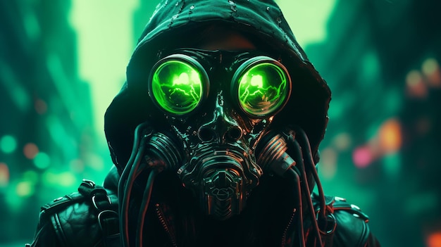 Fashion cyberpunk girl in leather hoodie jacket wear gas mask