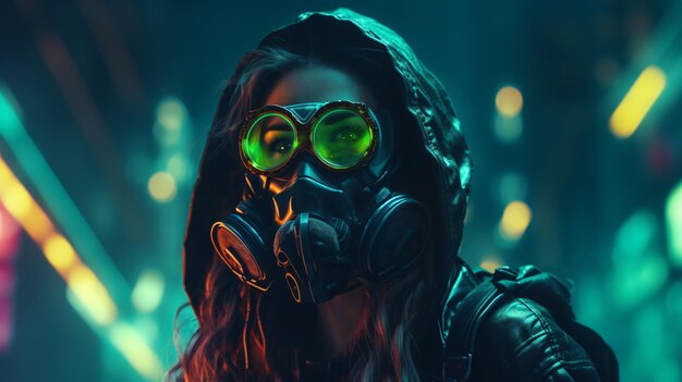 fashion cyberpunk girl in leather hoodie jacket wear