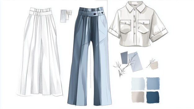 Photo fashion design sketches of stylish trousers and a cropped shirt with color palette options