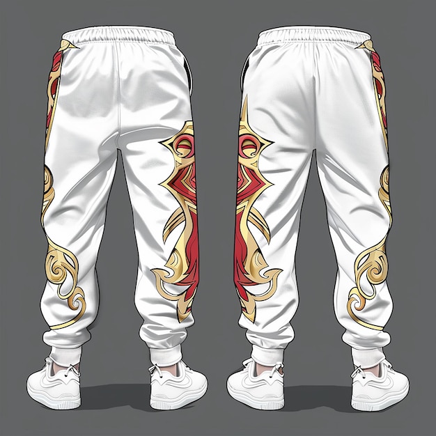 Photo fashion design vector sketch of mens athletic joggers white with red and gold polynesian design