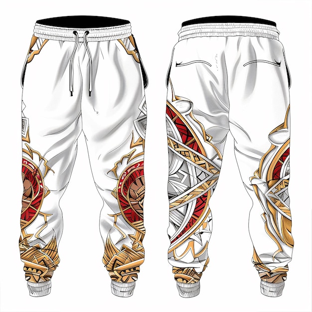 Photo fashion design vector sketch of mens athletic joggers white with red and gold polynesian design