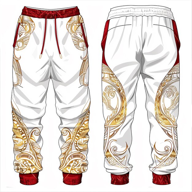 fashion design vector sketch of mens athletic joggers white with red and gold polynesian design