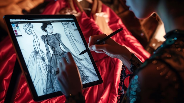 Photo fashion designer makes a sketch on a digital tablet with a stylist