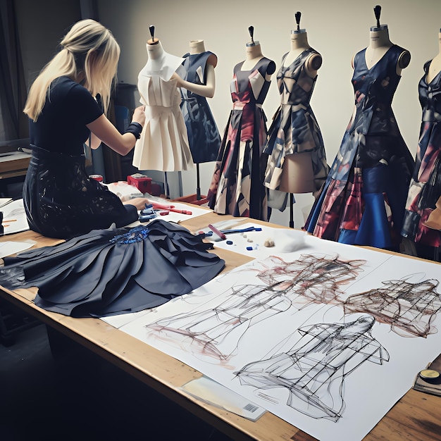 Photo fashion designer sketching a design while sitting at a table with fabric samples and mannequins wearing dresses in the background