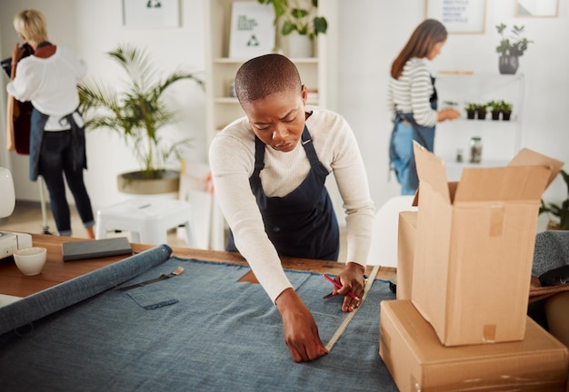 Fashion designer tailor and creative entrepreneur measuring material and textile for fashionable and trendy clothing in her startup business Using a tape measure to trim or cut fabric for design