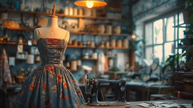 Photo fashion designer working couture dress studio surrounded fabric sewing tool capturing creativity