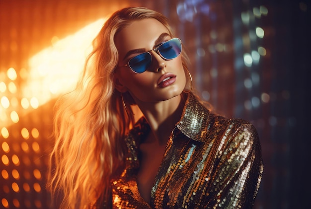 Fashion disco woman Cute model female with modern sunglasses Generate Ai