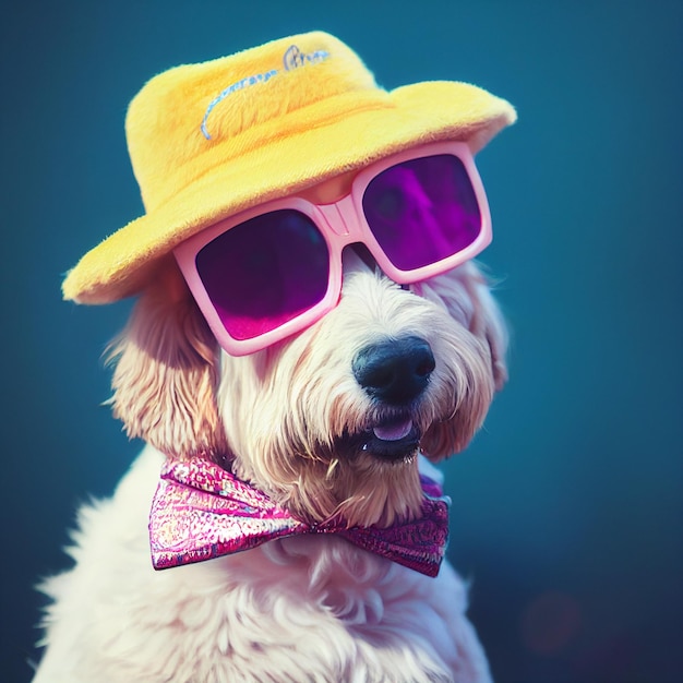 Fashion dog portrait with eyeglasses and hat