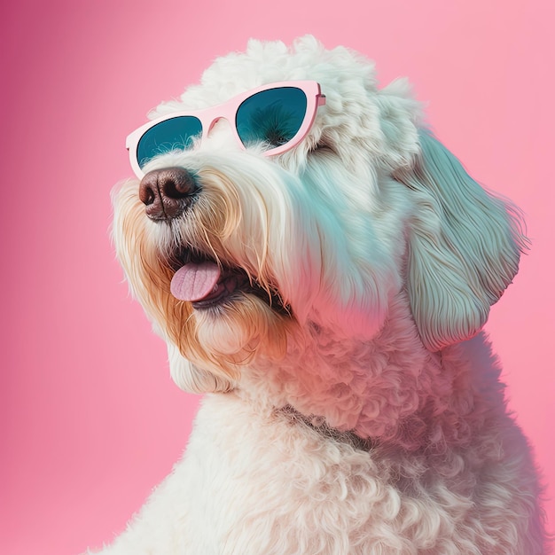 Fashion dog in sunglasses pink background Generative AI