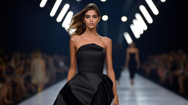 Fashion Extravaganza Stunning Hispanic Model Struts Down Runway in Elegant Black Dress Captivating All with Grace and StylexA