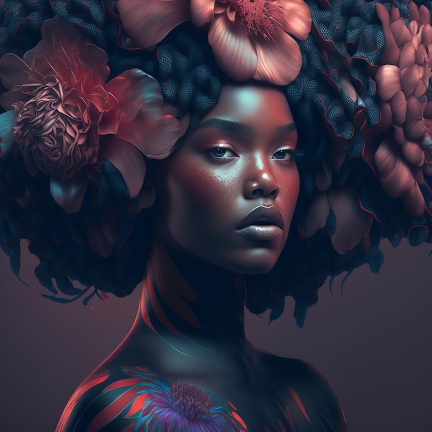 Fashion fantasy portrait of african american woman decorated with flowers illustration