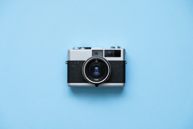 Fashion Film Camera on blue. Retro Vintage Accessories