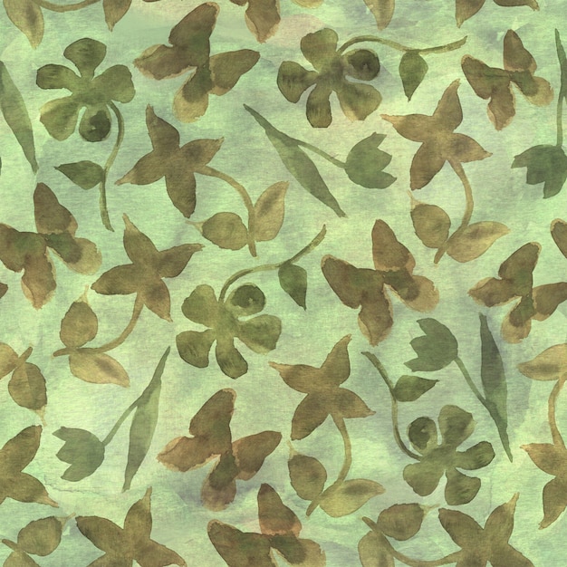 Fashion floral camouflage abstract background. Seamless woodland pattern with abstract  flowers and butterflies. Khaki, brown, beige and green color. Watercolor hand drawn illustration.