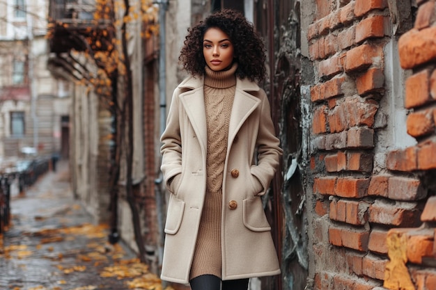 Photo fashion full length image of elegant black woman in stylish luxury beige coat and velvet sweater