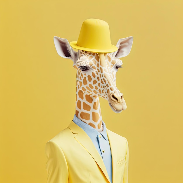 Fashion giraffe with hat Yellow monochrome portrait Generative AI