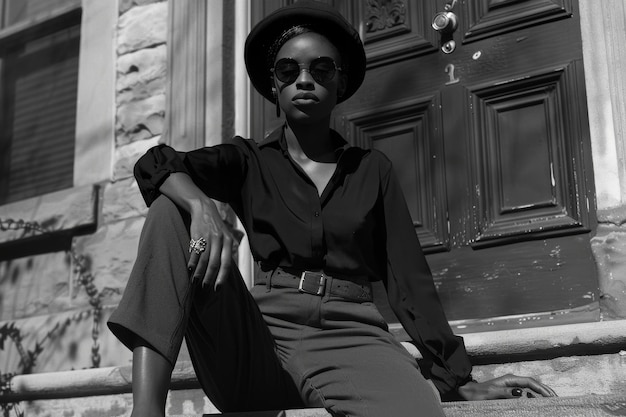 Photo a fashion girl dressed in coat and newsboy cap sunglasses posed on the street