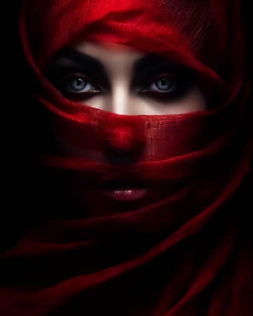 fashion girl in full eyes makeup covering her face by red fabric Scarf fashion photography