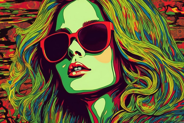 Fashion girl in sunglasses on colorful background Pop art illustration