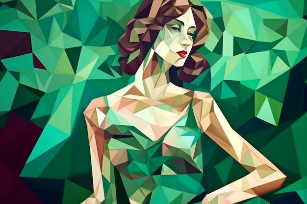 Fashion illustration of beautiful woman in low poly style Geometric background