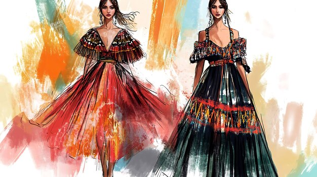 Fashion illustration of two models in beautiful gowns with elaborate designs