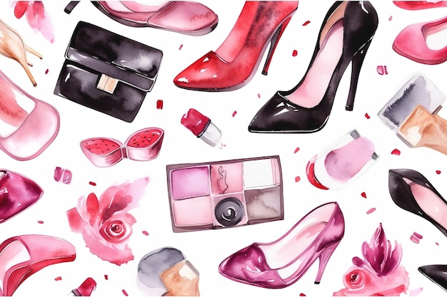 Fashion illustration with a set of shoes and cosmetics.