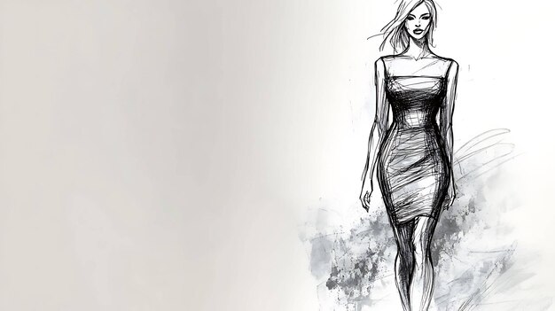 Photo fashion illustration of a woman in a simple dress against a gray watercolor background