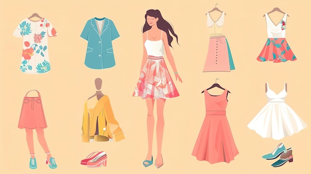 Photo fashion illustration of womans summer outfits with various clothing and accessories