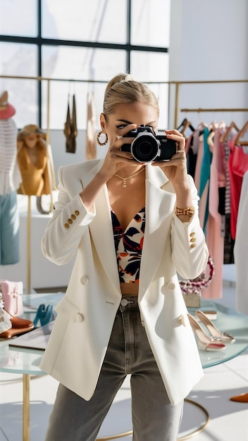 Fashion influencer stylist vlogging woman filming