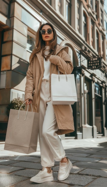 Photo fashion influencer with custom logo shopping bag in stylish urban setting for trendy design and branding