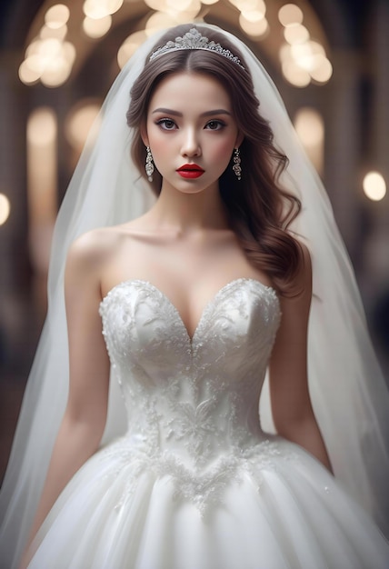 Fashion interior photo of gorgeous bride with dark hair wears luxurious wedding dress and accessorie