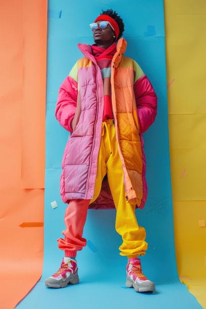 Photo fashion journalist discusses trends against a colorful backdrop