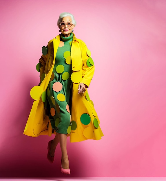 Fashion light bright futuristic background super elegant older woman in yellow cloth coat