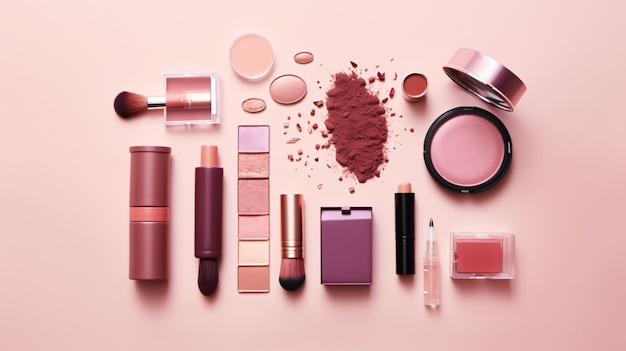 Fashion makeup cosmetic accessories on a pink background